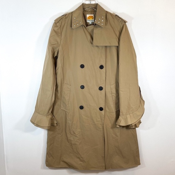 NWT C & C California Tan Studded Ruffle sleeve Button up Trench Coat size L - Picture 1 of 14